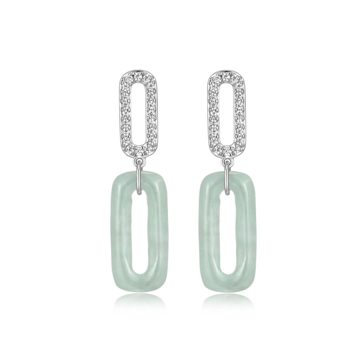 Cubic Zirconia And Carved Jade Paperclip Earrings In Rhodium Plated Sterling Silver