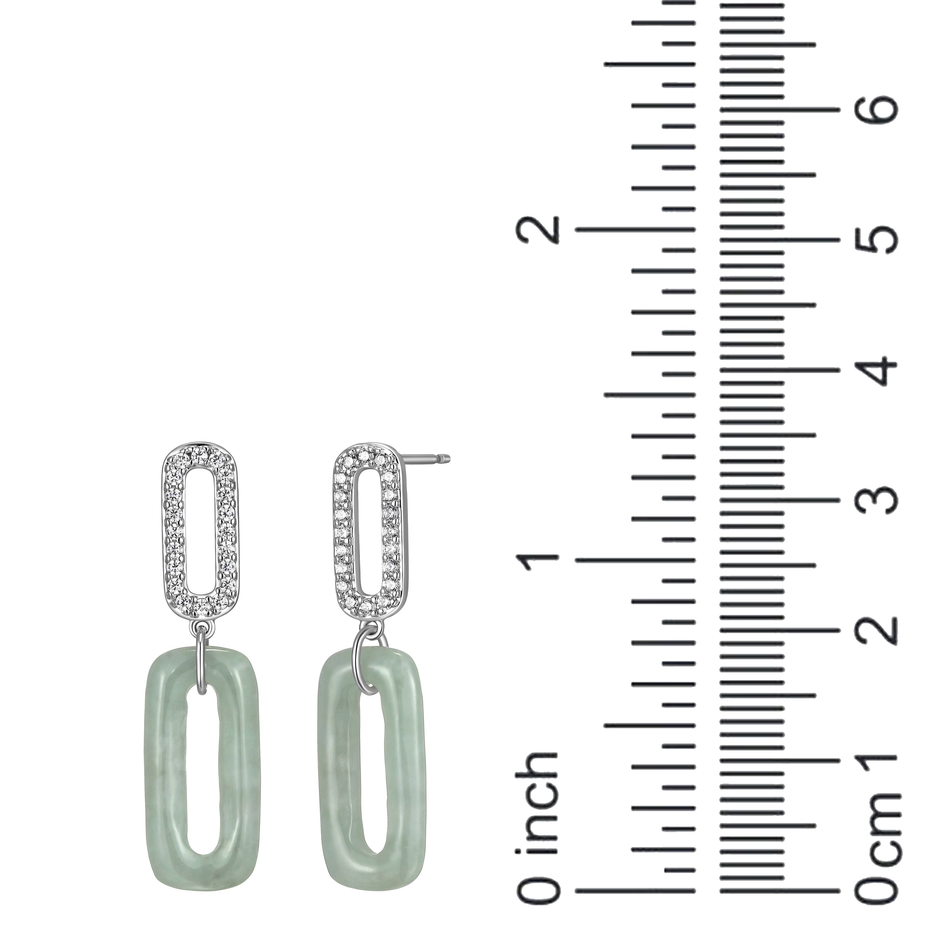 Cubic Zirconia And Carved Jade Paperclip Earrings In Rhodium Plated Sterling Silver