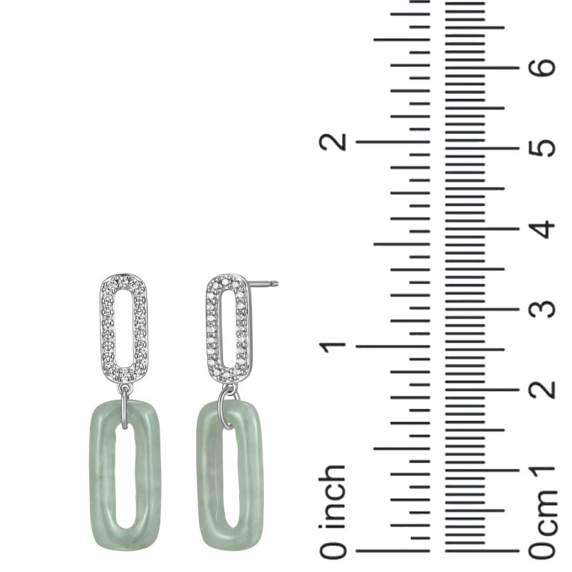 Cubic Zirconia And Carved Jade Paperclip Earrings In Rhodium Plated Sterling Silver