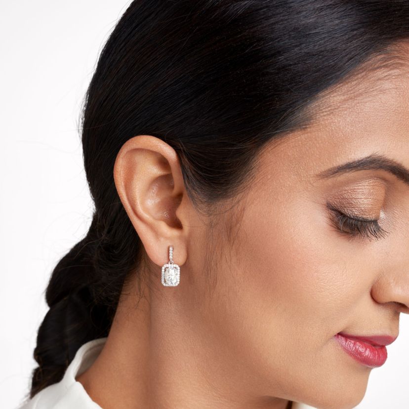 Rhodium Plated Sterling Silver  Moissanite Halo Earring