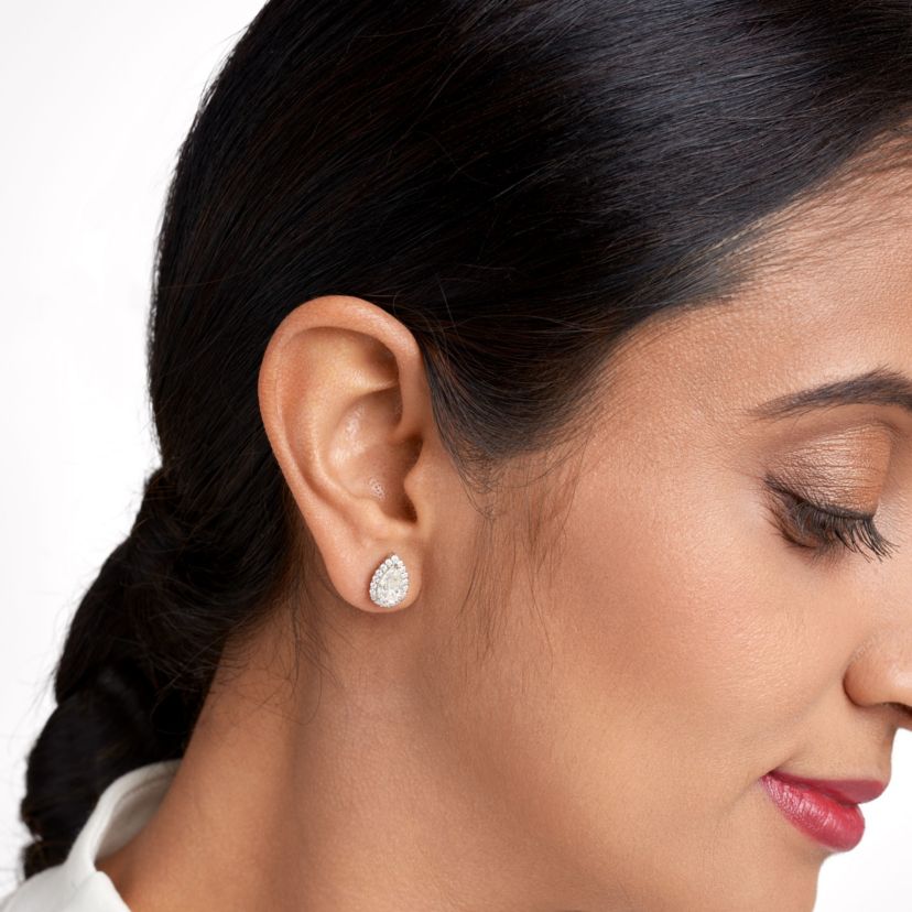 Pear Shaped Moissanite Earrings in 18k Gold or Rhodium Plated Sterling Silver