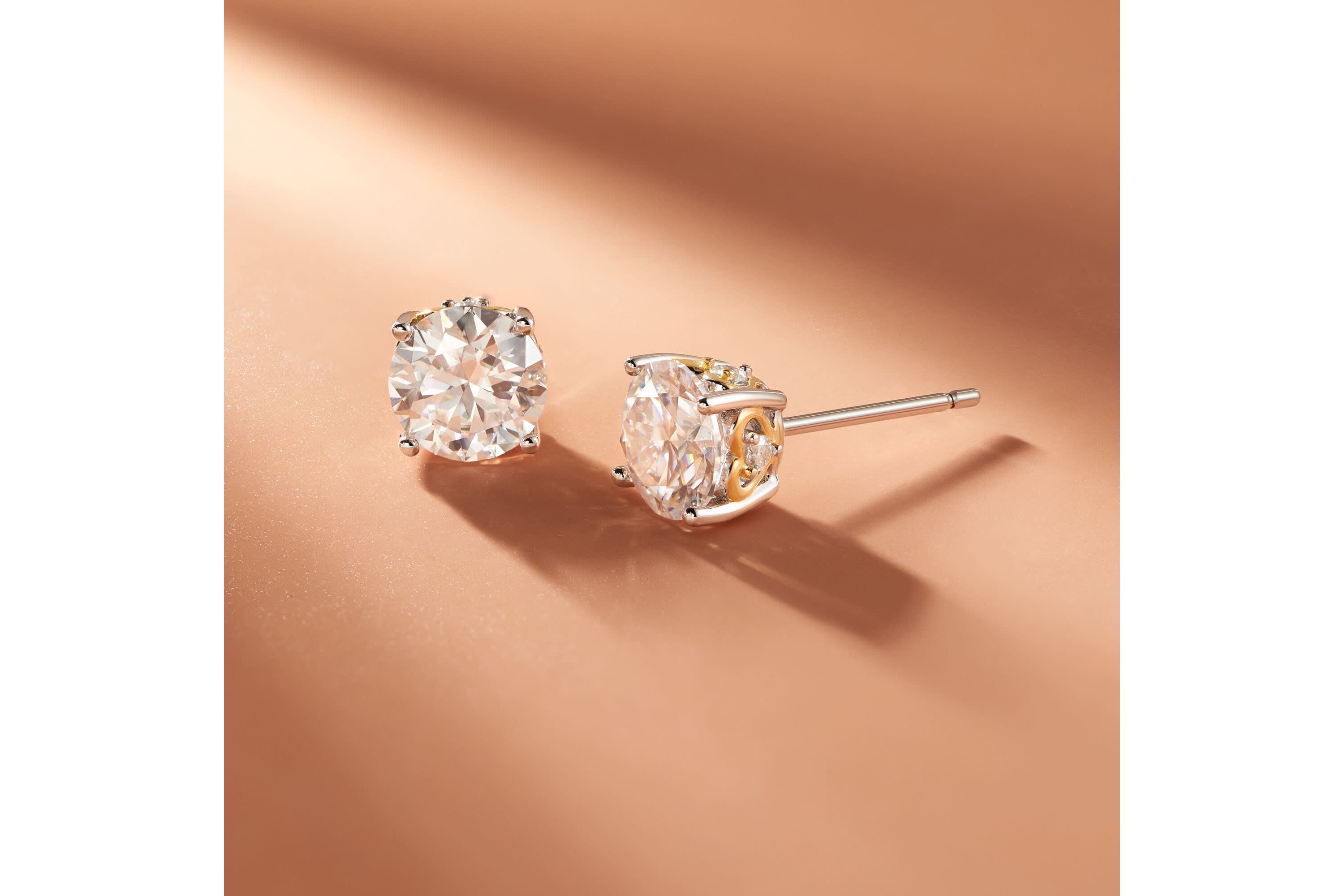 Two-tone Sterling Silver Solitaire Moissanite Heart Stud Earrings