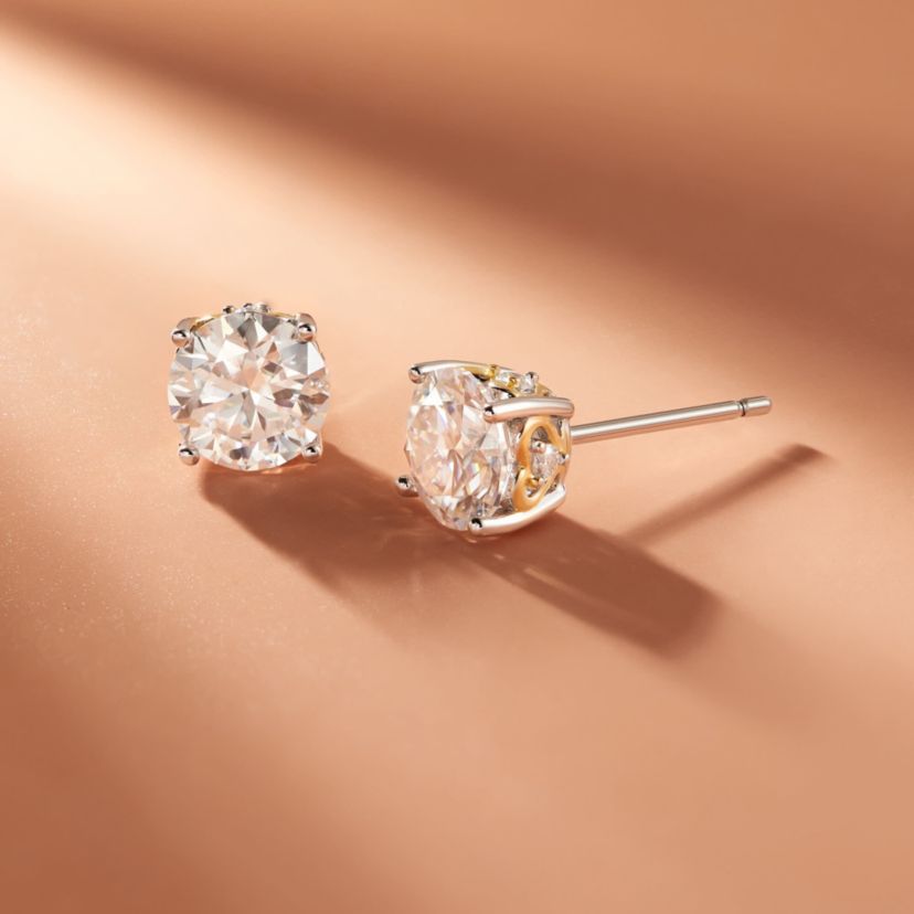 Two-tone Sterling Silver Solitaire Moissanite Heart Stud Earrings