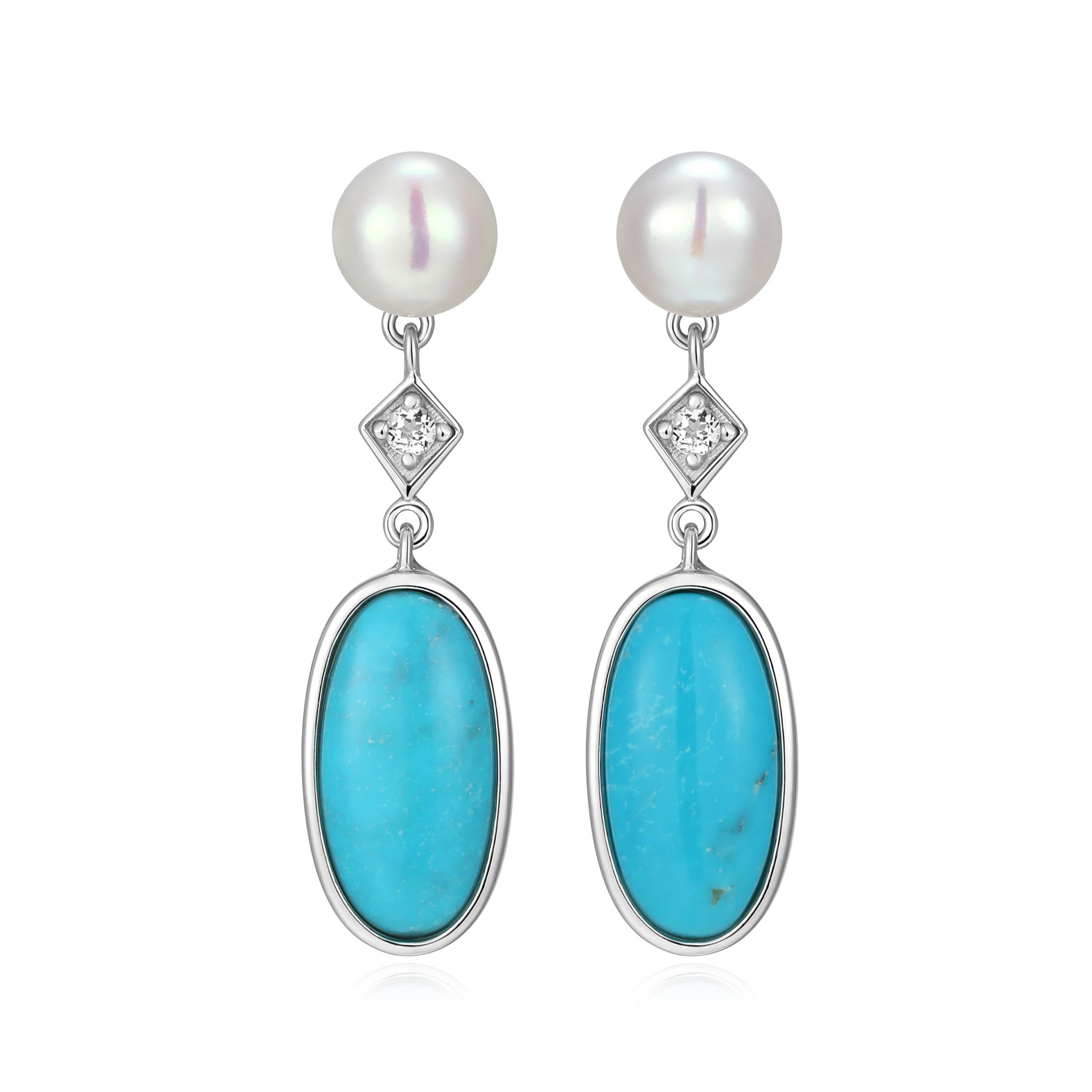 Genuine Turquoise, Pearl, and White Topaz Drop Earring in Rhodium Plated Sterling Silver