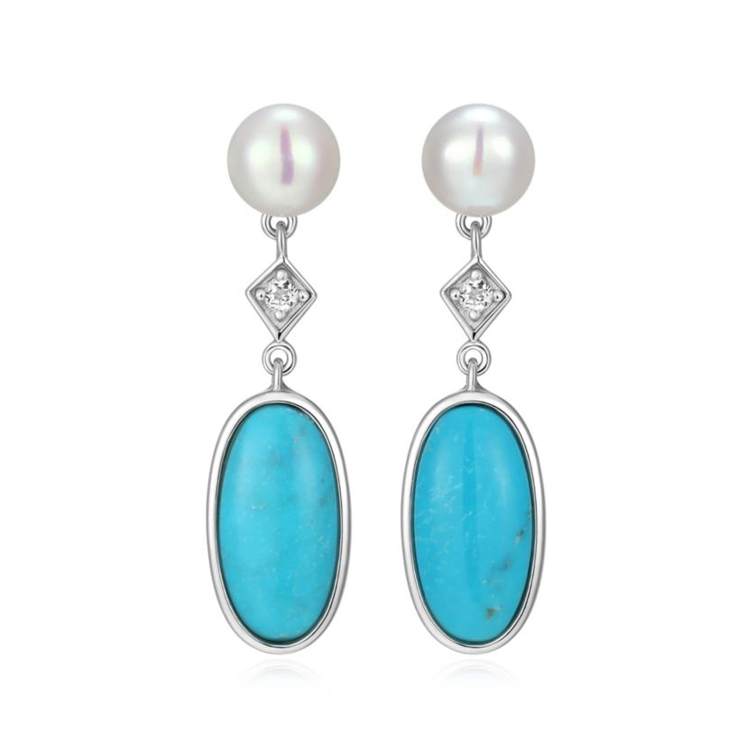 Genuine Turquoise, Pearl, and White Topaz Drop Earring in Rhodium Plated Sterling Silver