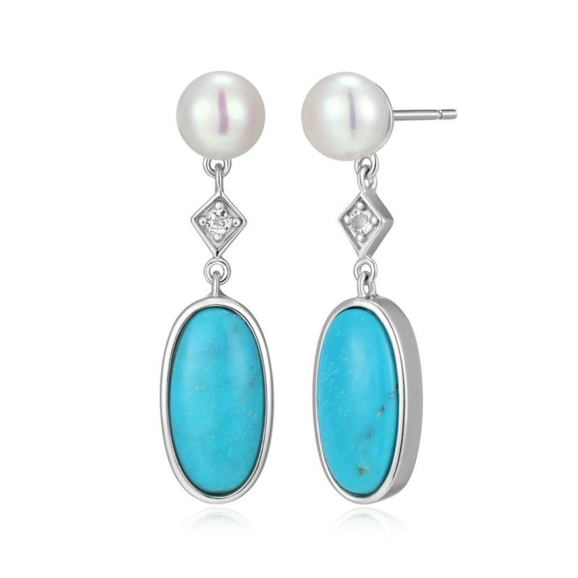 Genuine Turquoise, Pearl, and White Topaz Drop Earring in Rhodium Plated Sterling Silver