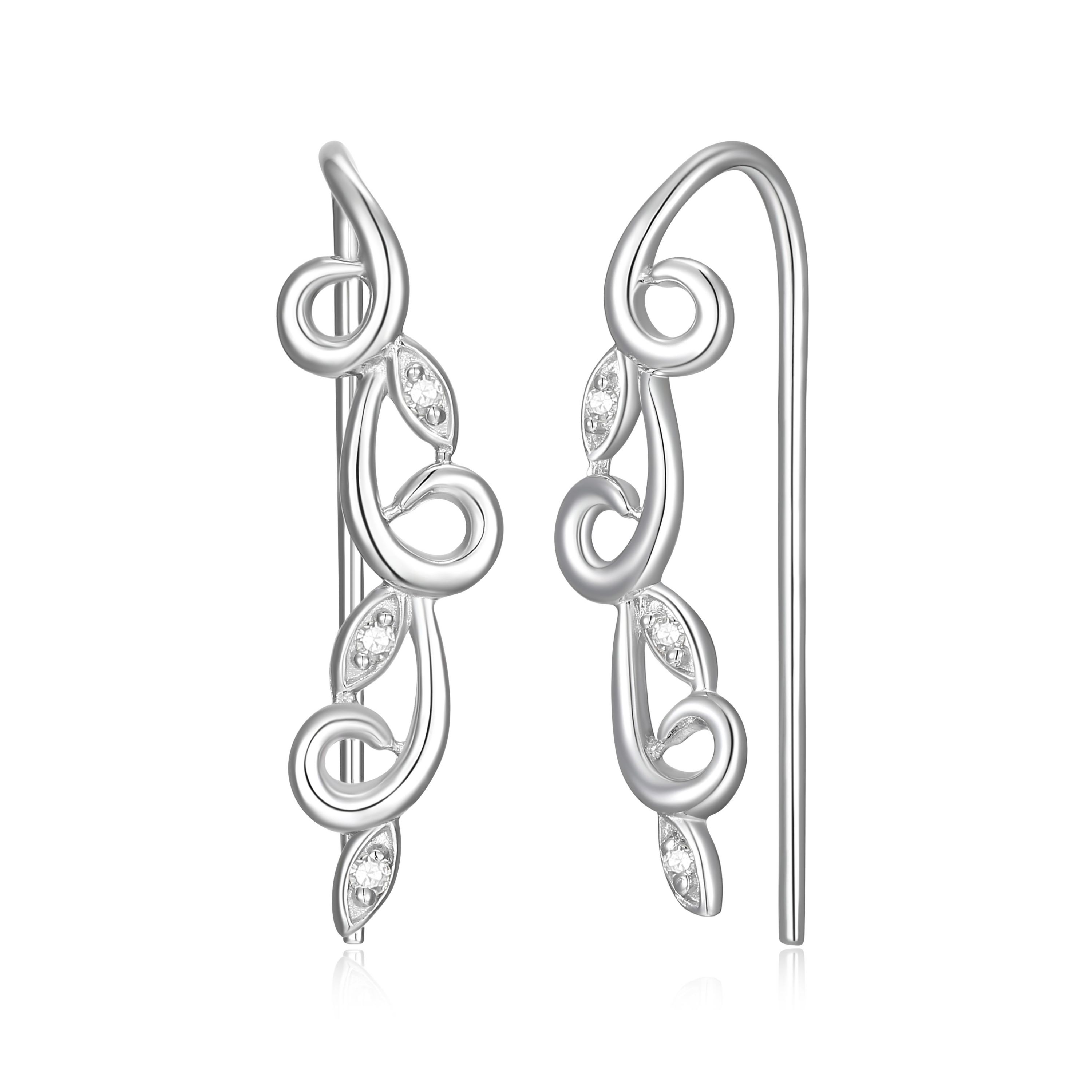 Diamond Accent Vine Swirl Crawler Earrings in Rhodium Plated Sterling Silver