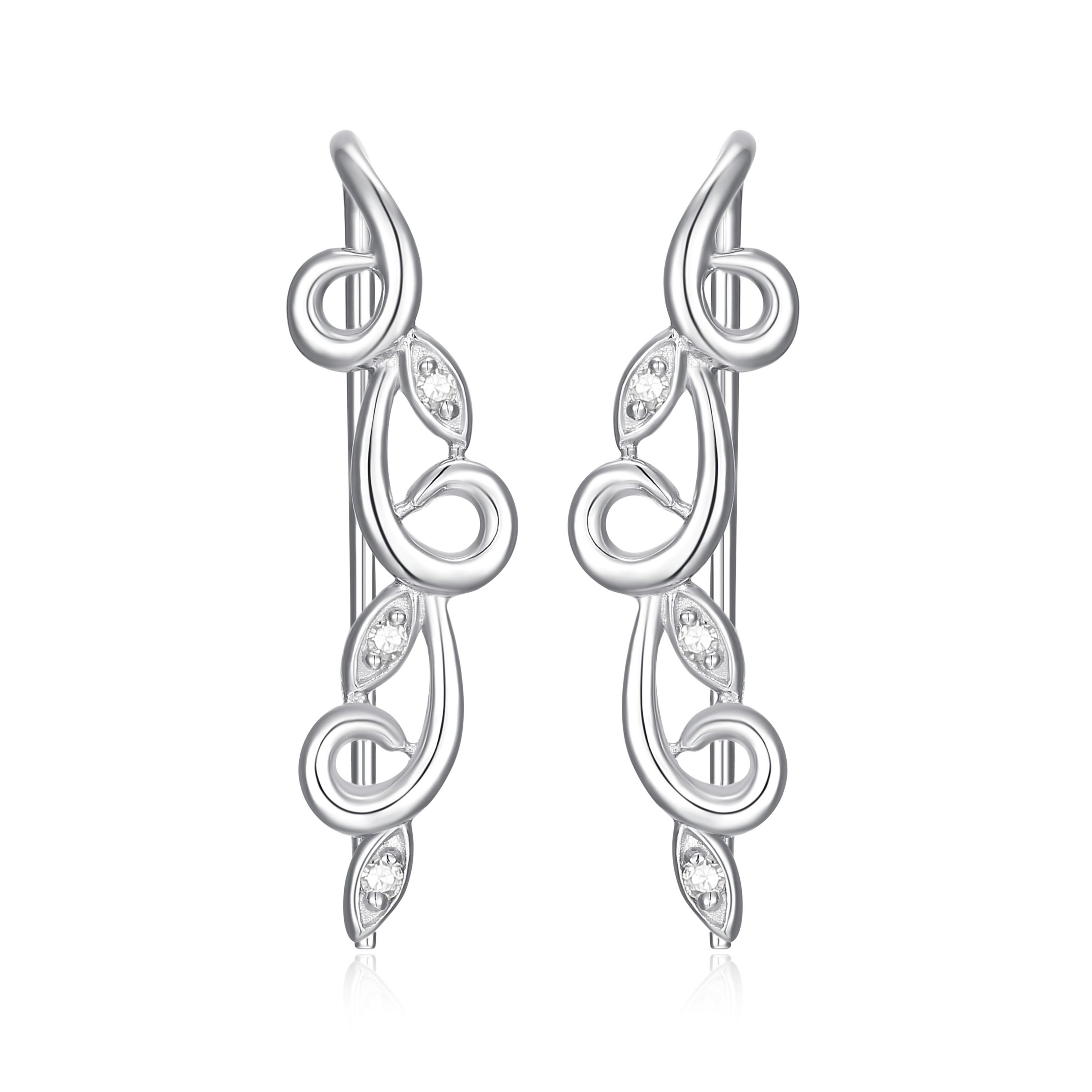 Diamond Accent Vine Swirl Crawler Earrings in Rhodium Plated Sterling Silver