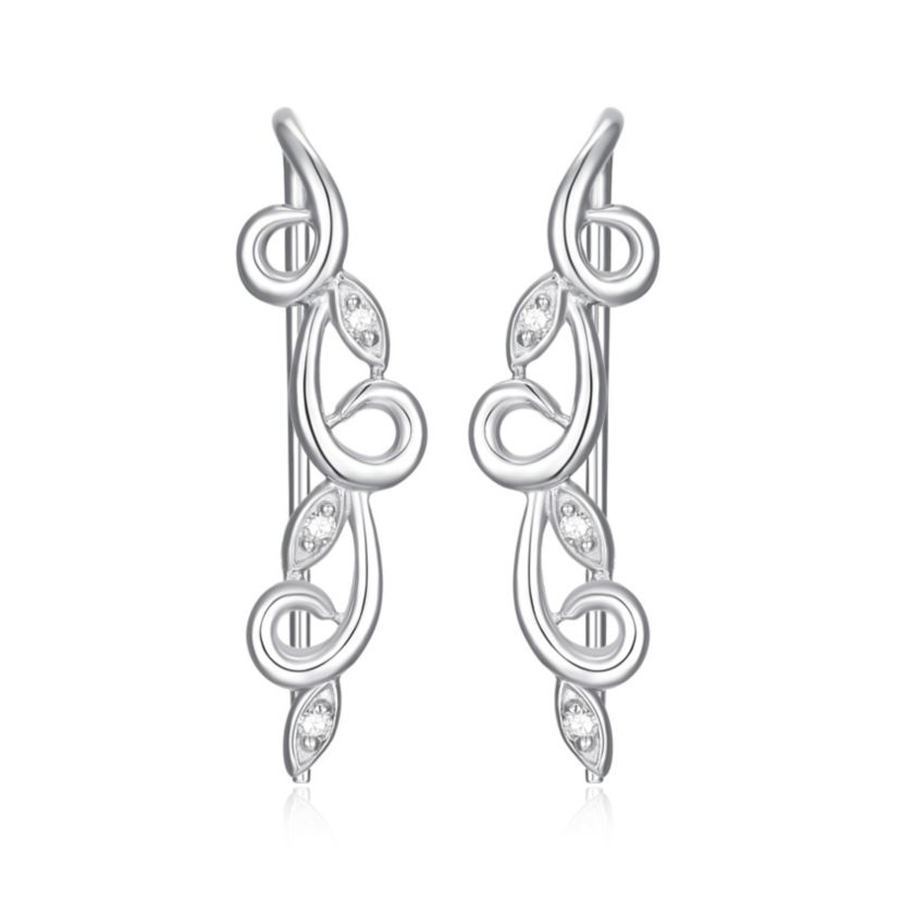 Diamond Accent Vine Swirl Crawler Earrings in Rhodium Plated Sterling Silver