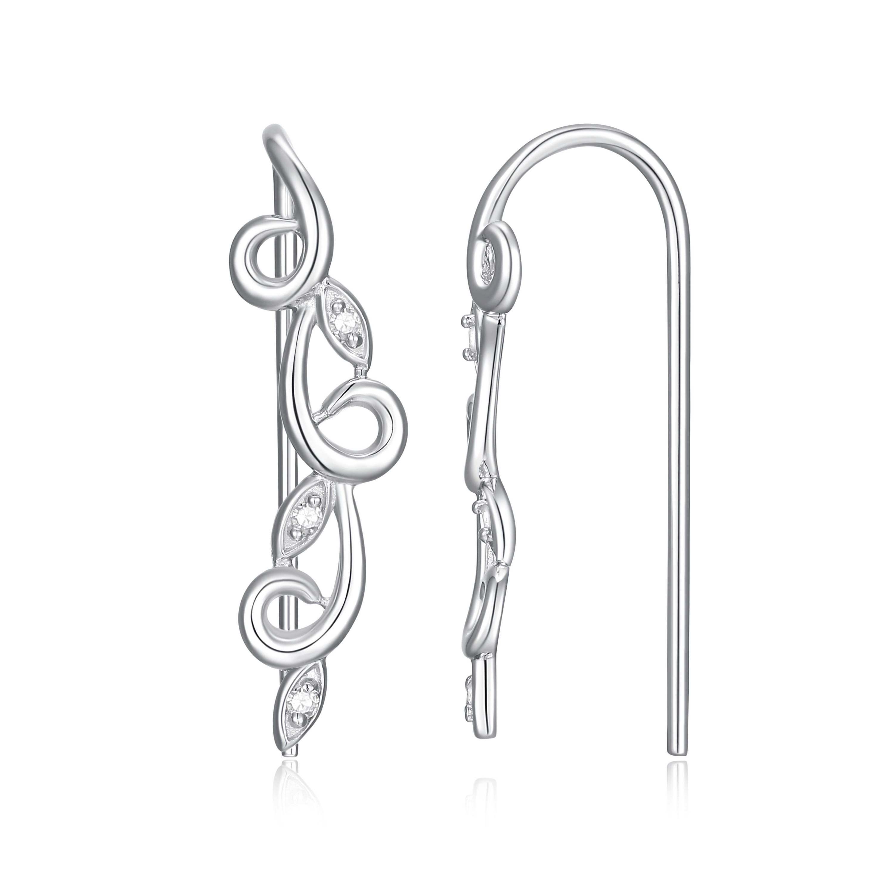 Diamond Accent Vine Swirl Crawler Earrings in Rhodium Plated Sterling Silver