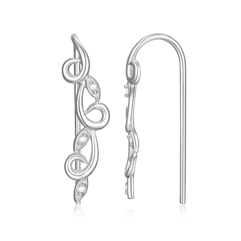 Diamond Accent Vine Swirl Crawler Earrings in Rhodium Plated Sterling Silver