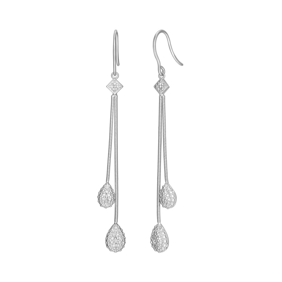 Diamond Accent Pear Cluster Double Chain Drop Earrings in Rhodium Plated Sterling Silver