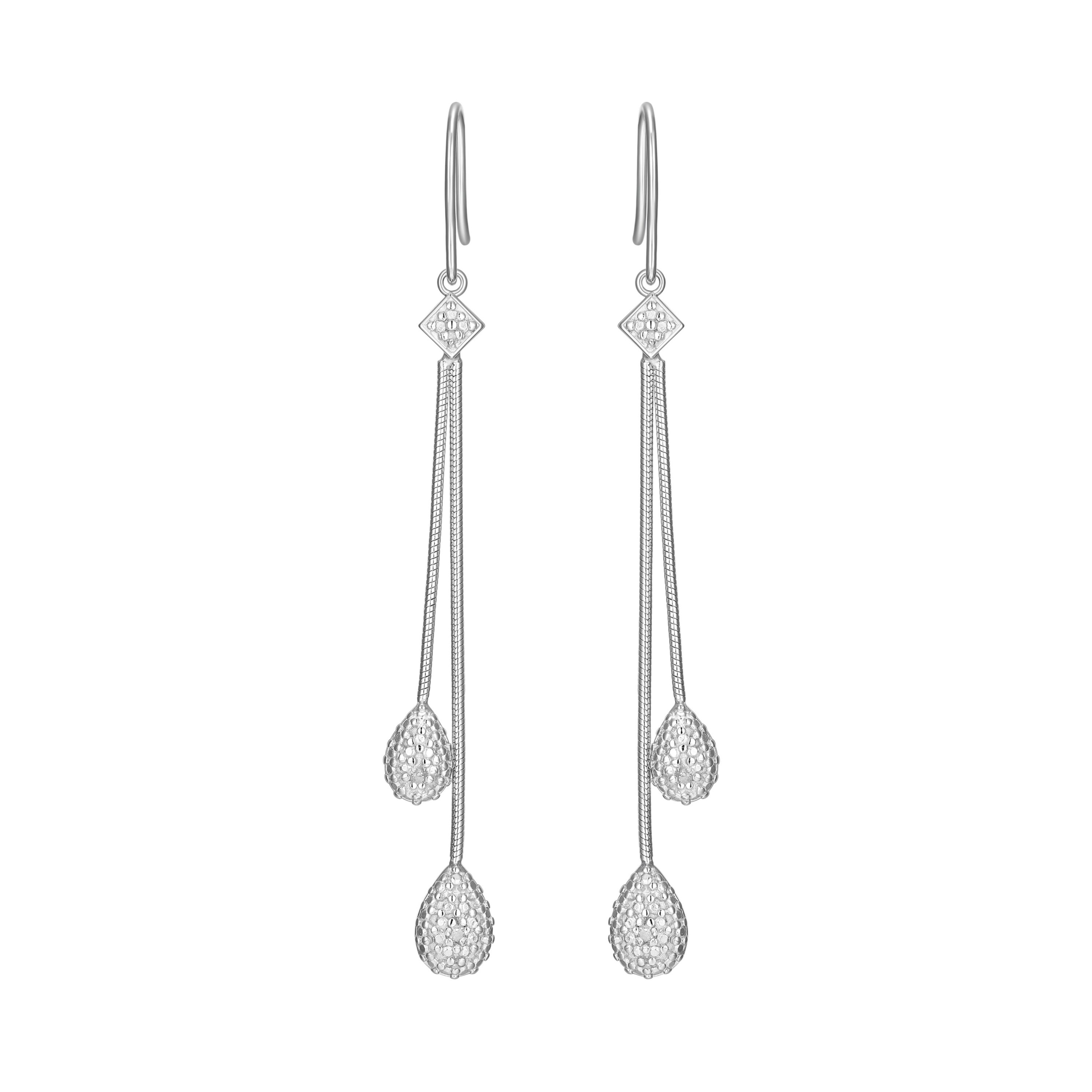Diamond Accent Pear Cluster Double Chain Drop Earrings in Rhodium Plated Sterling Silver
