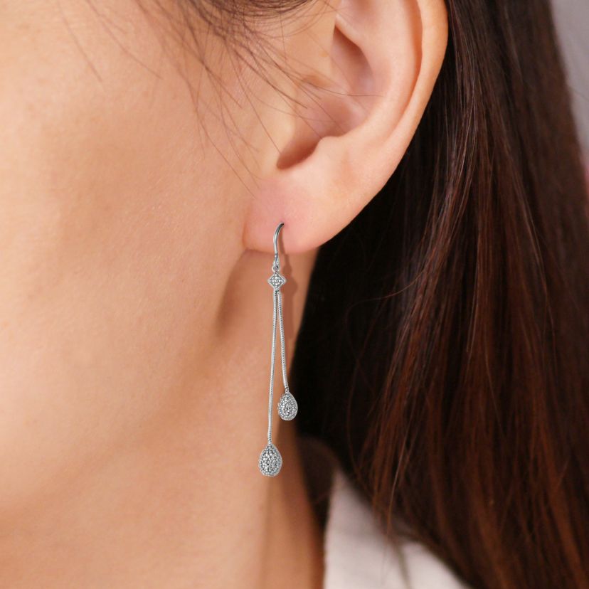 Diamond Accent Pear Cluster Double Chain Drop Earrings in Rhodium Plated Sterling Silver