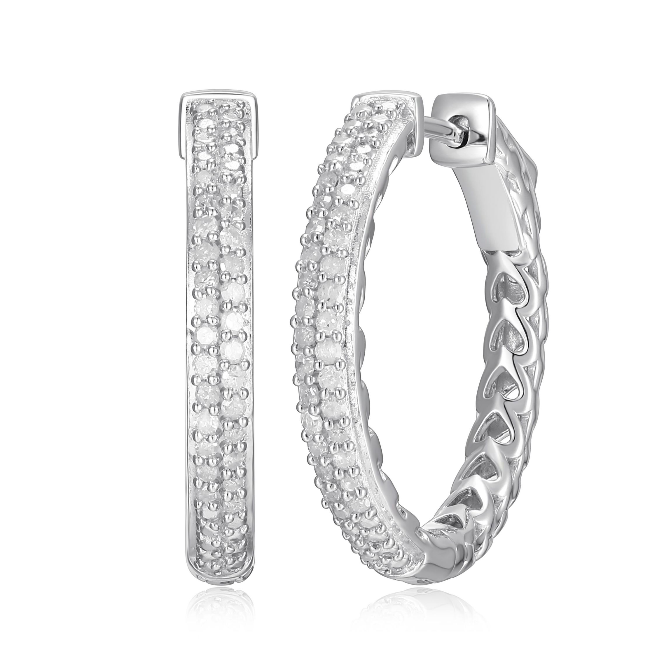1/4 cttw Diamond Pave Hinged Hoop Earrings in Rhodium Plated Sterling Silver
