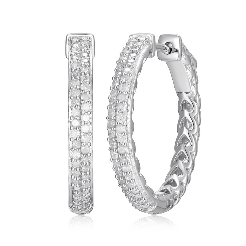 1/4 cttw Diamond Pave Hinged Hoop Earrings in Rhodium Plated Sterling Silver