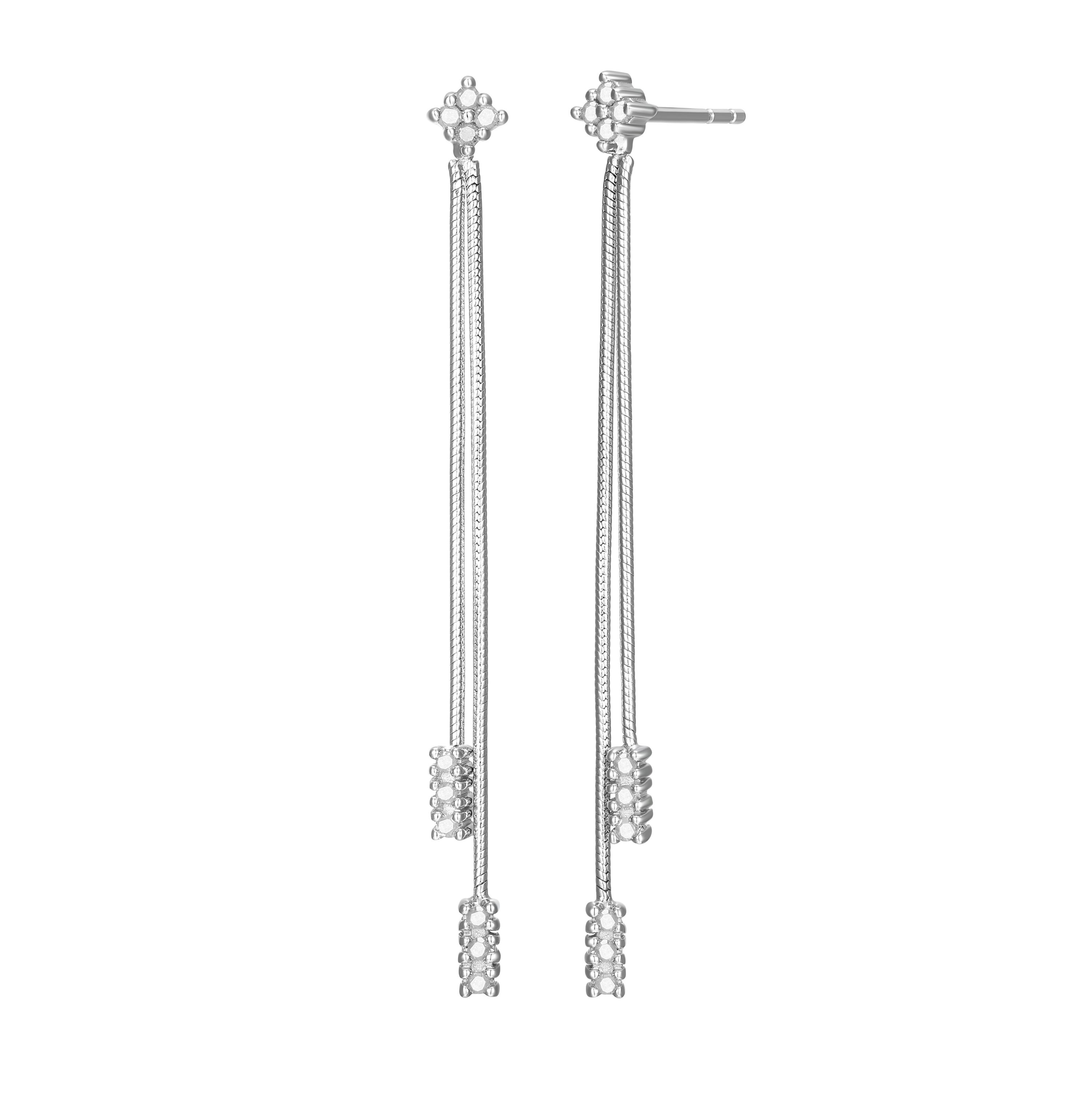 1/4 cttw Diamond Cluster Double Chain Drop Earrings in Rhodium Plated Sterling Silver