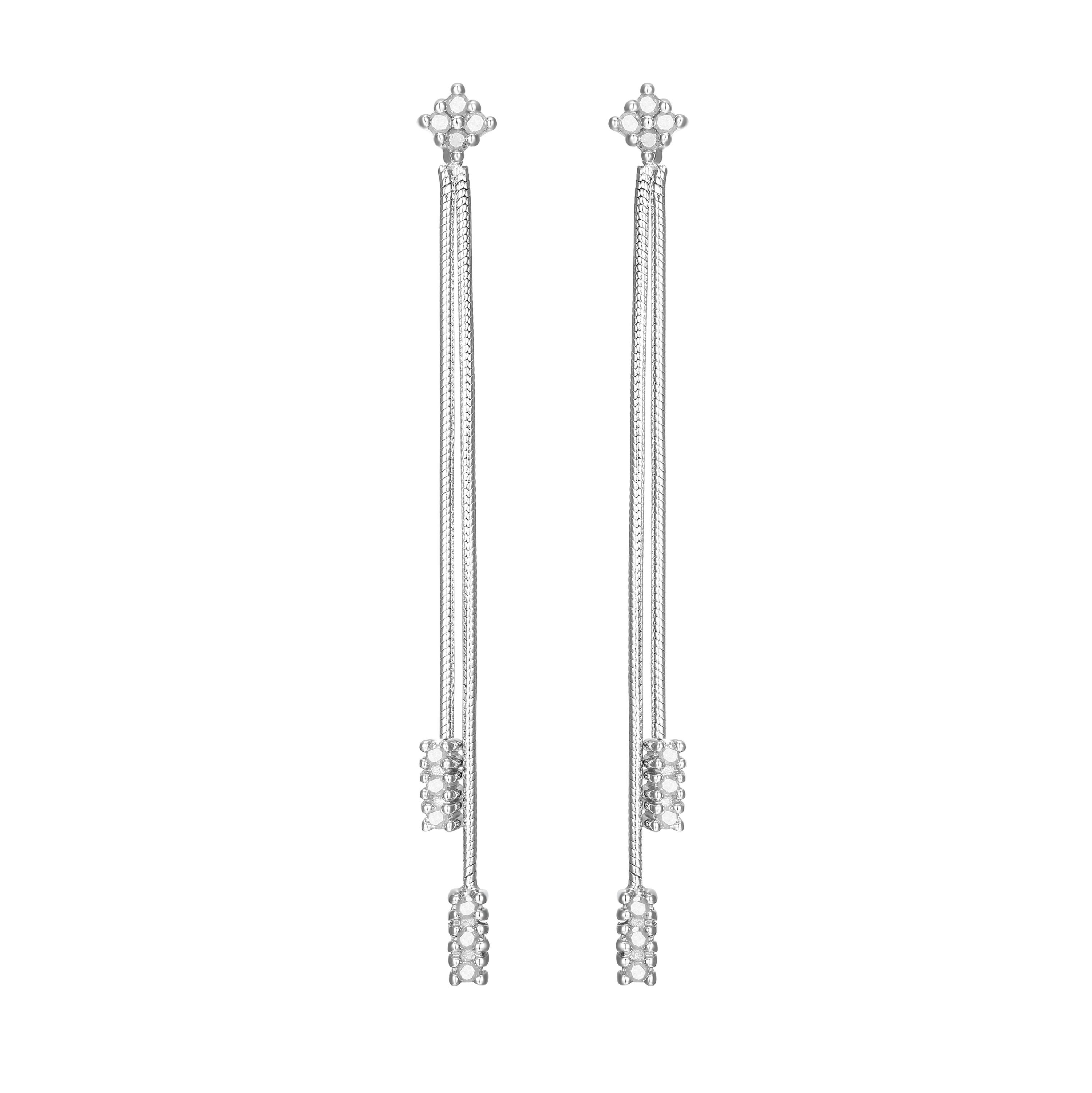 1/4 cttw Diamond Cluster Double Chain Drop Earrings in Rhodium Plated Sterling Silver