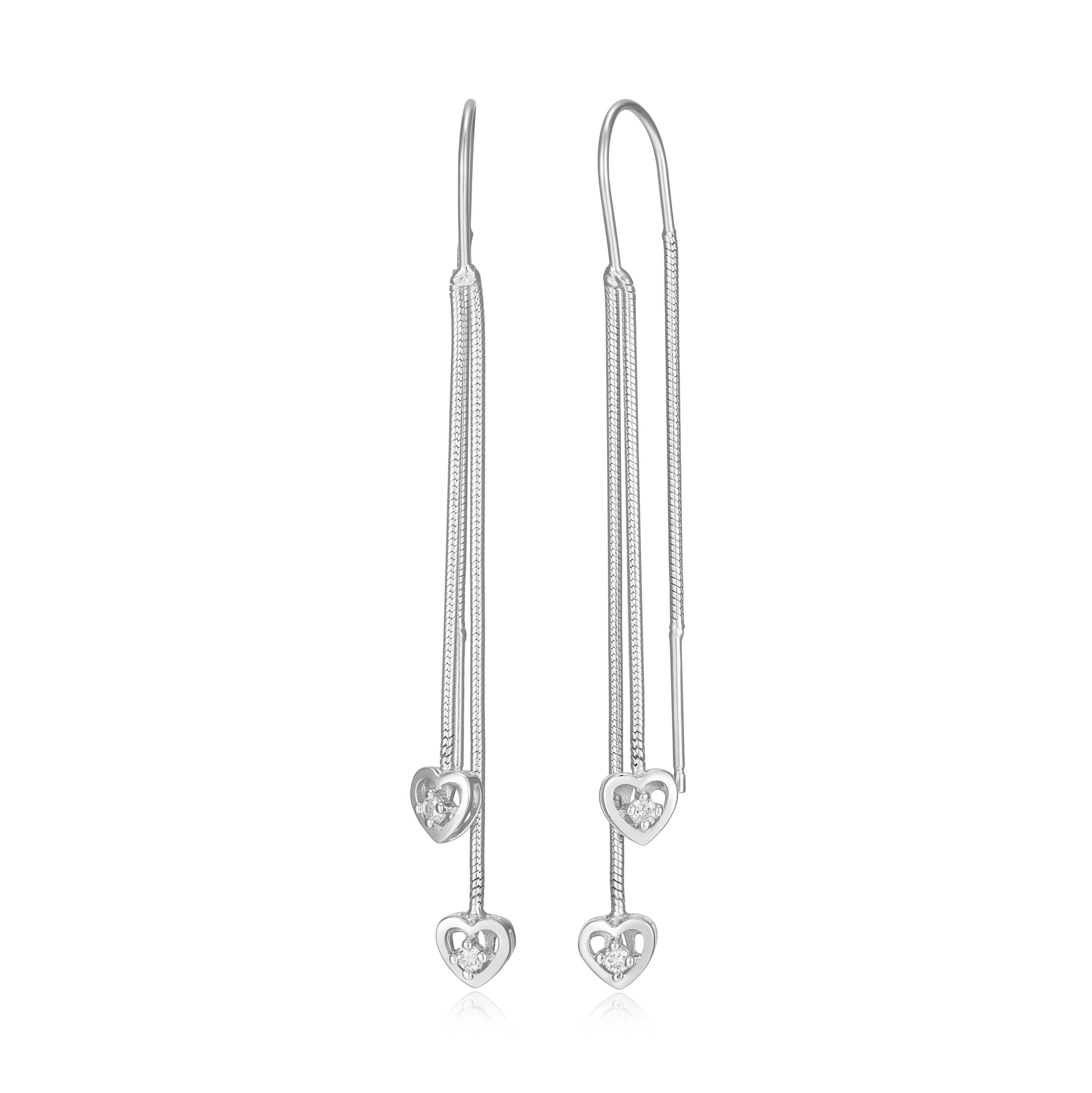 Diamond Accent Heart Threader Earrings in Rhodium Plated Sterling Silver