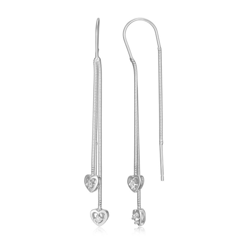 Diamond Accent Heart Threader Earrings in Rhodium Plated Sterling Silver