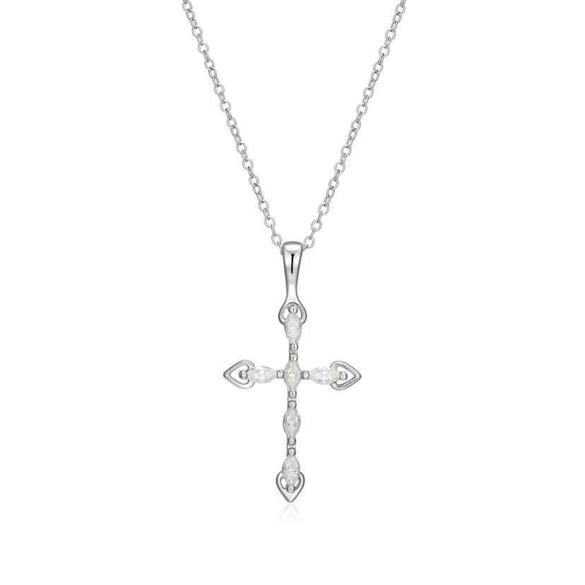 Lab Created Rhodium Plated Sterling Silver Womens Created Moissanite Minimalist Cross Pendant Necklace