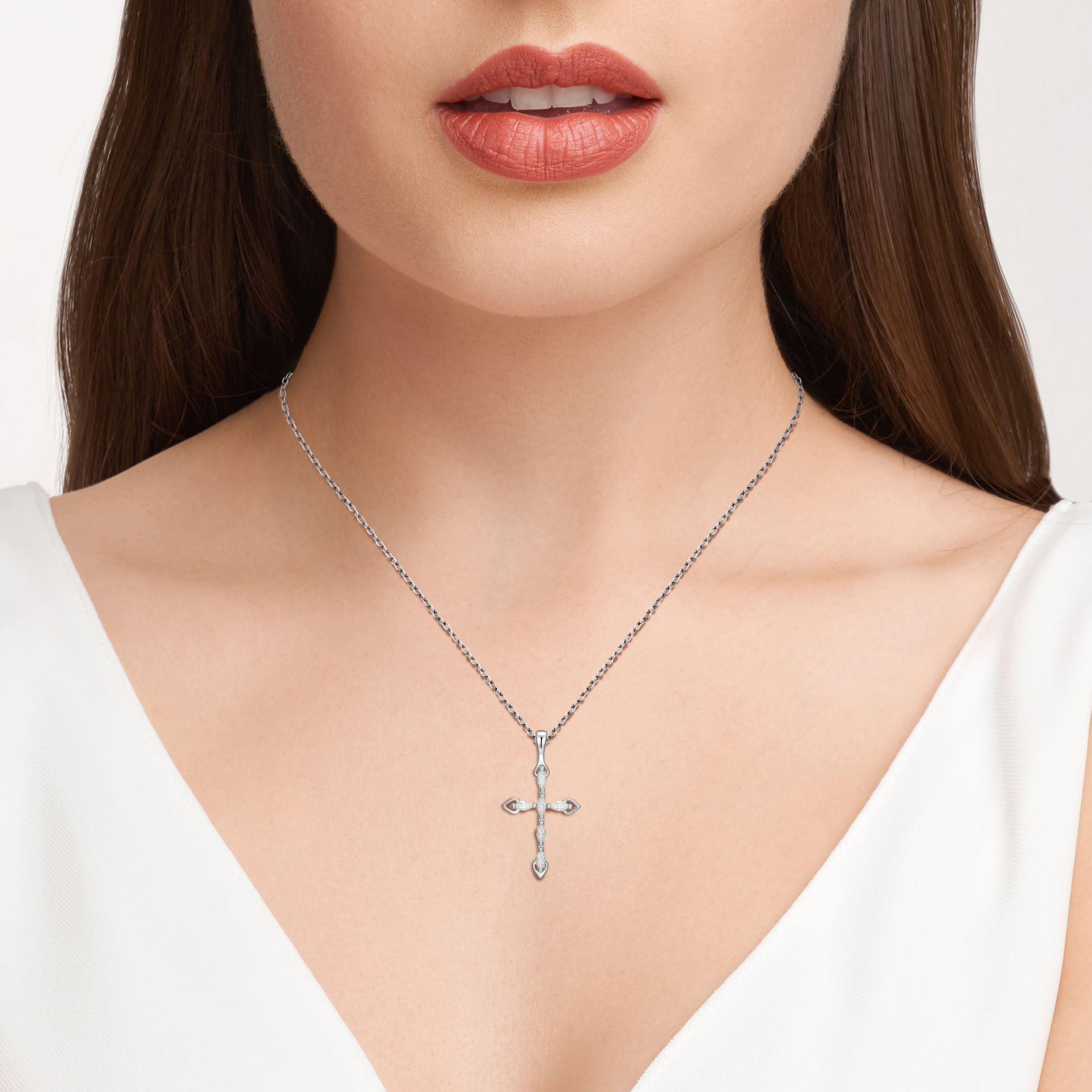 Lab Created Rhodium Plated Sterling Silver Womens Created Moissanite Minimalist Cross Pendant Necklace