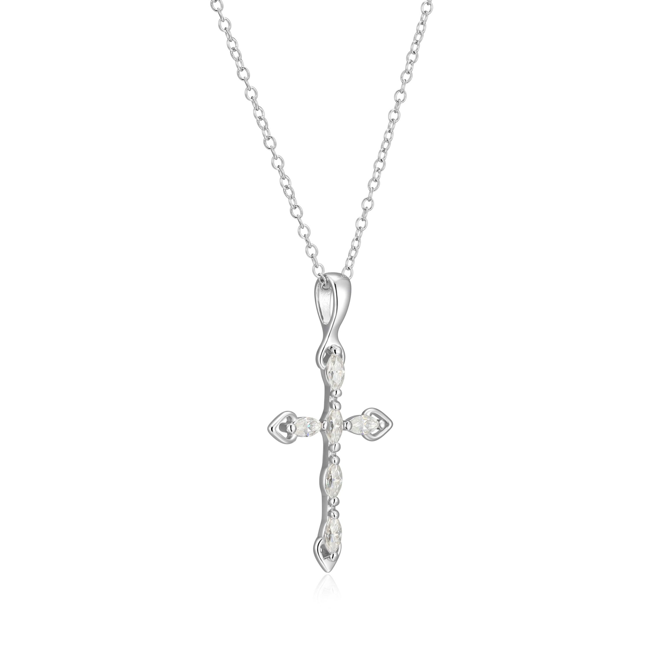 Lab Created Rhodium Plated Sterling Silver Womens Created Moissanite Minimalist Cross Pendant Necklace