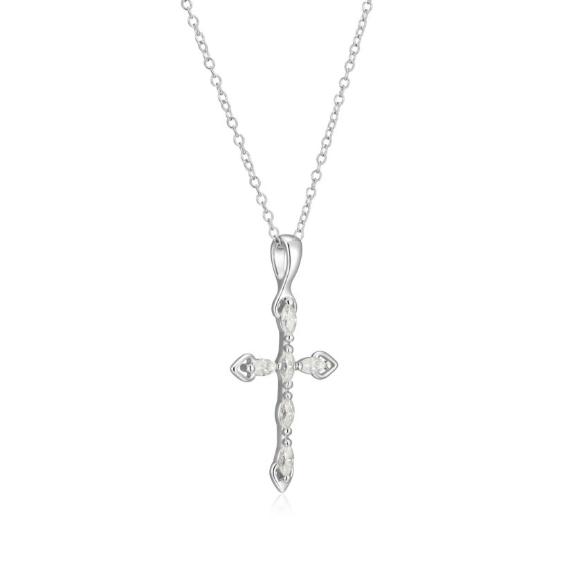 Lab Created Rhodium Plated Sterling Silver Womens Created Moissanite Minimalist Cross Pendant Necklace