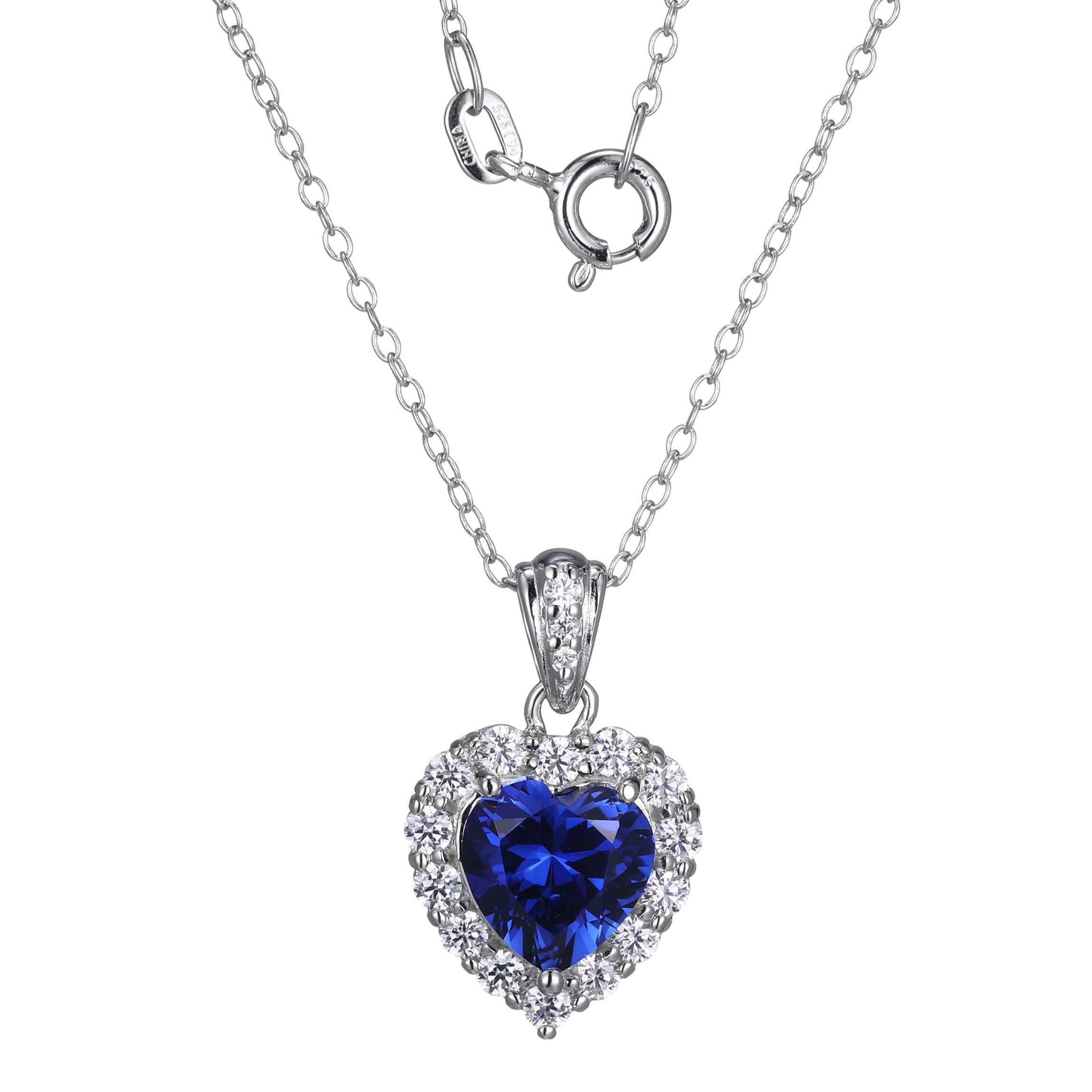 Lab Created Created Blue Sapphire heart necklace in Rhodium-plated Sterling Silver