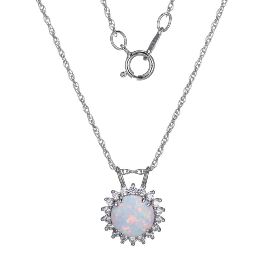 Lab Created Round Created Opal Halo Necklace in Rhodium-plated Sterling Silver