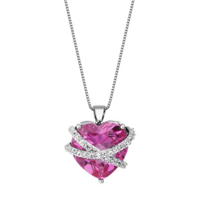 Aurealis Created Pink and white Sapphire Heart Pendant In Rhodium Plated Sterling Silver, 18 in