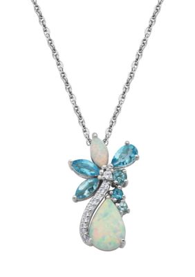 Aurealis Genuine Blue Topaz and Created Opal Cluster Pendant Necklace in Rhodium Plated Sterling Silver