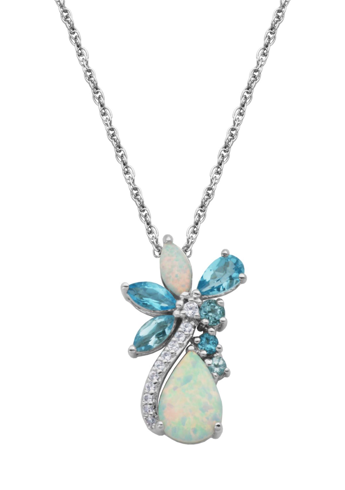 Genuine  Blue Topaz and Created Opal Cluster Pendant Necklace in Rhodium Plated Sterling Silver
