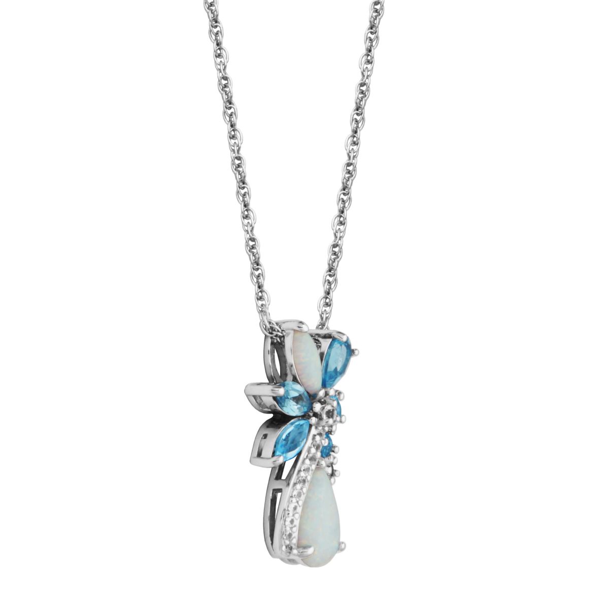 Genuine  Blue Topaz and Created Opal Cluster Pendant Necklace in Rhodium Plated Sterling Silver