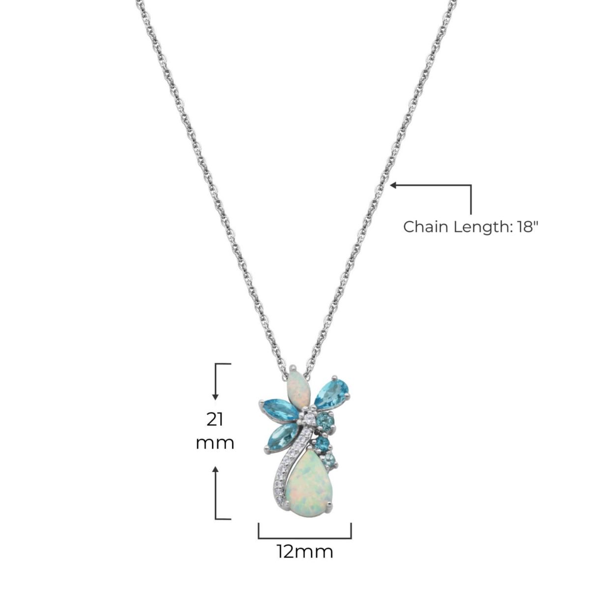 Genuine  Blue Topaz and Created Opal Cluster Pendant Necklace in Rhodium Plated Sterling Silver