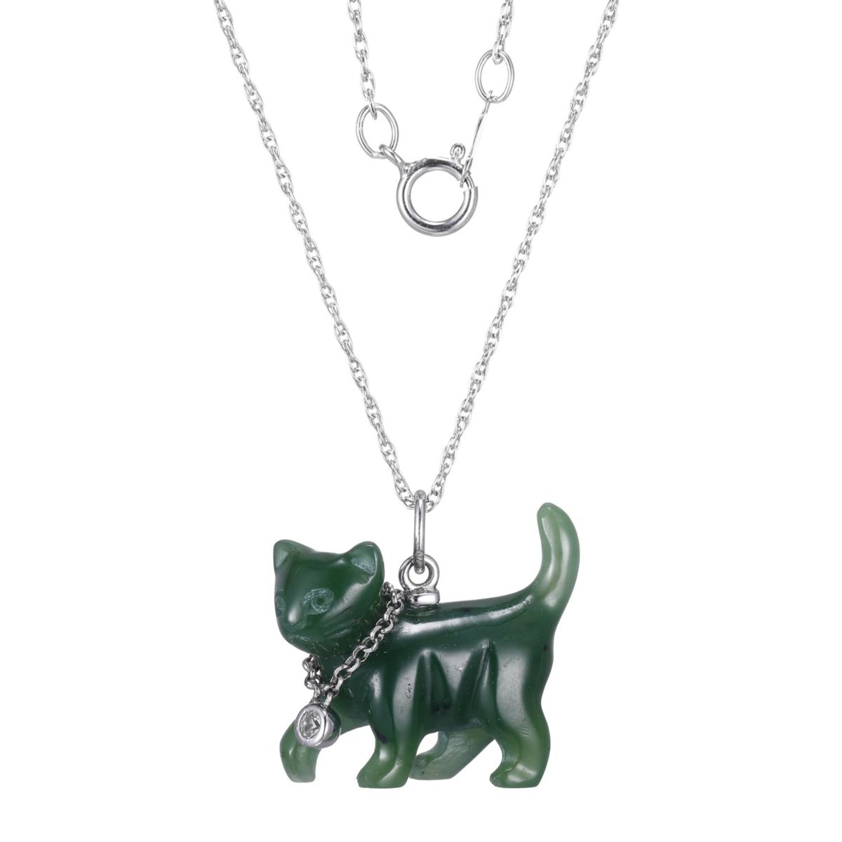Genuine Nephrite Jade and Created White Sapphire Cat Pendant in Rhodium-plated Sterling Silver