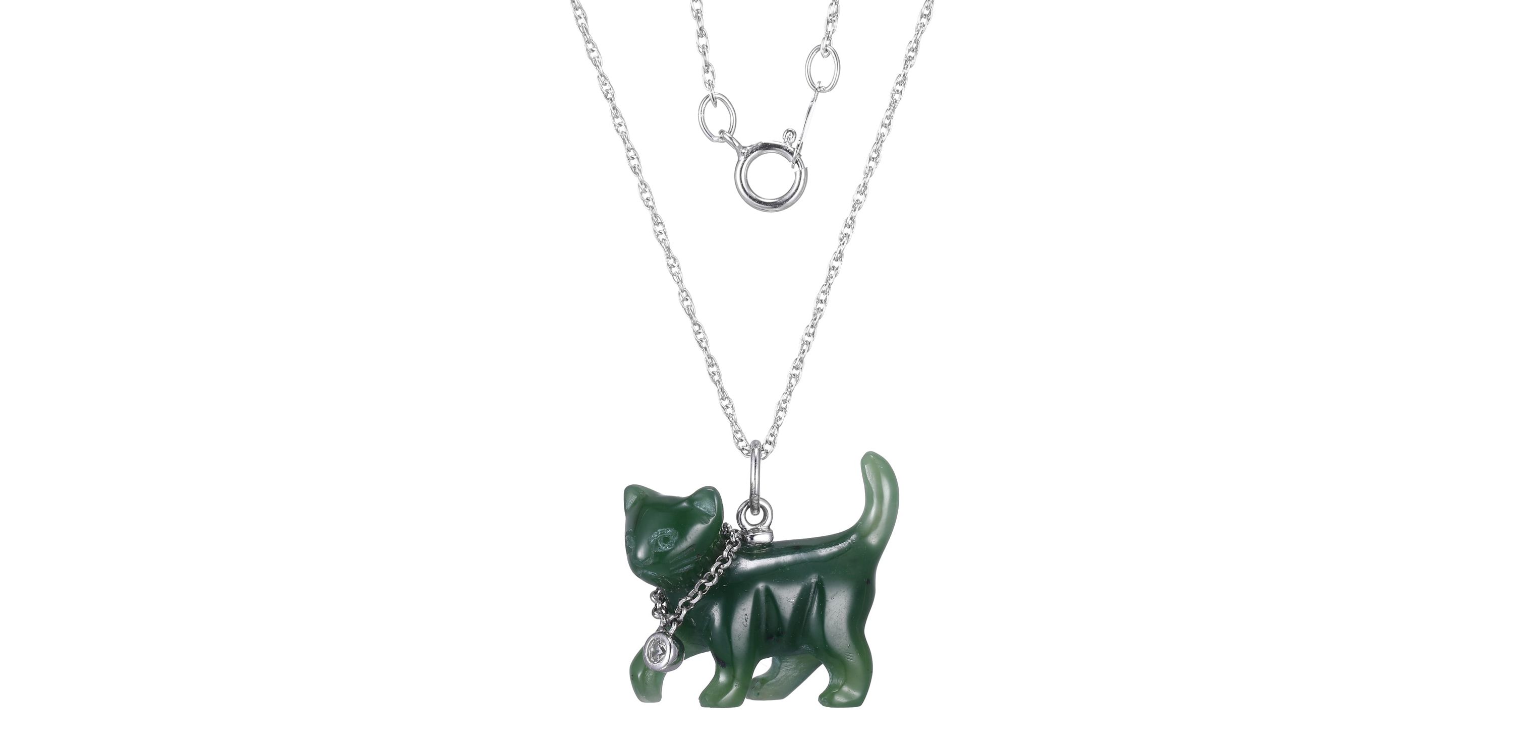 Genuine Nephrite Jade and Created White Sapphire Cat Pendant in Rhodium-plated Sterling Silver