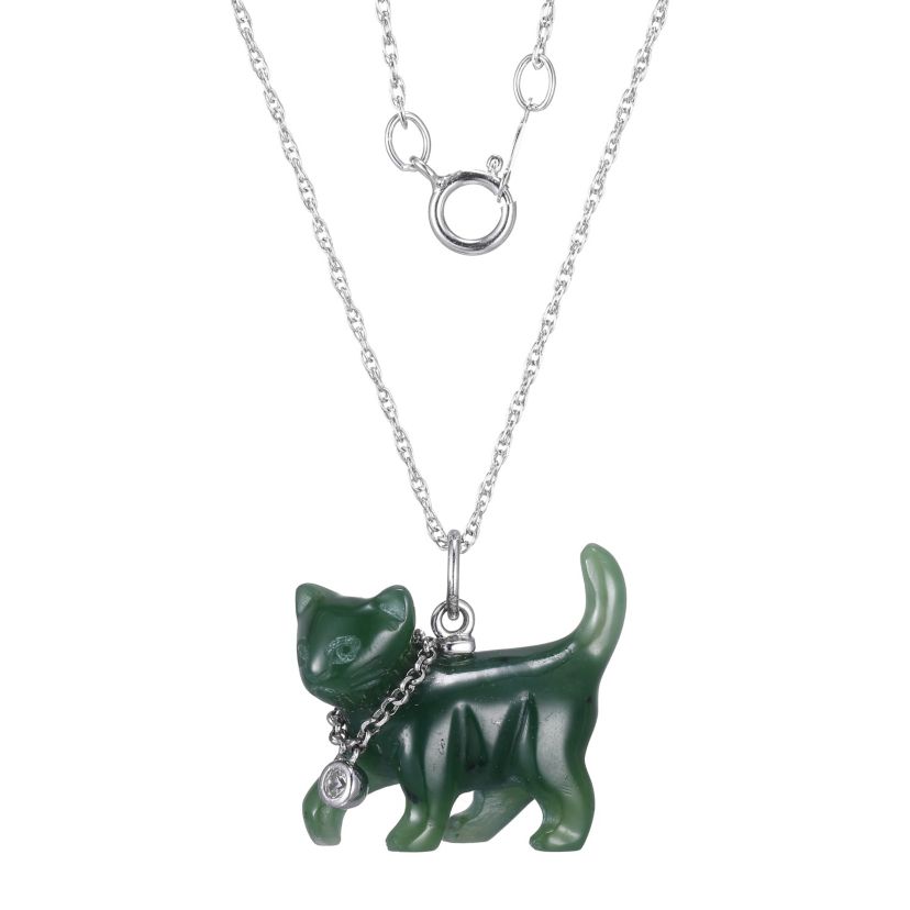 Genuine Nephrite Jade and Created White Sapphire Cat Pendant in Rhodium-plated Sterling Silver