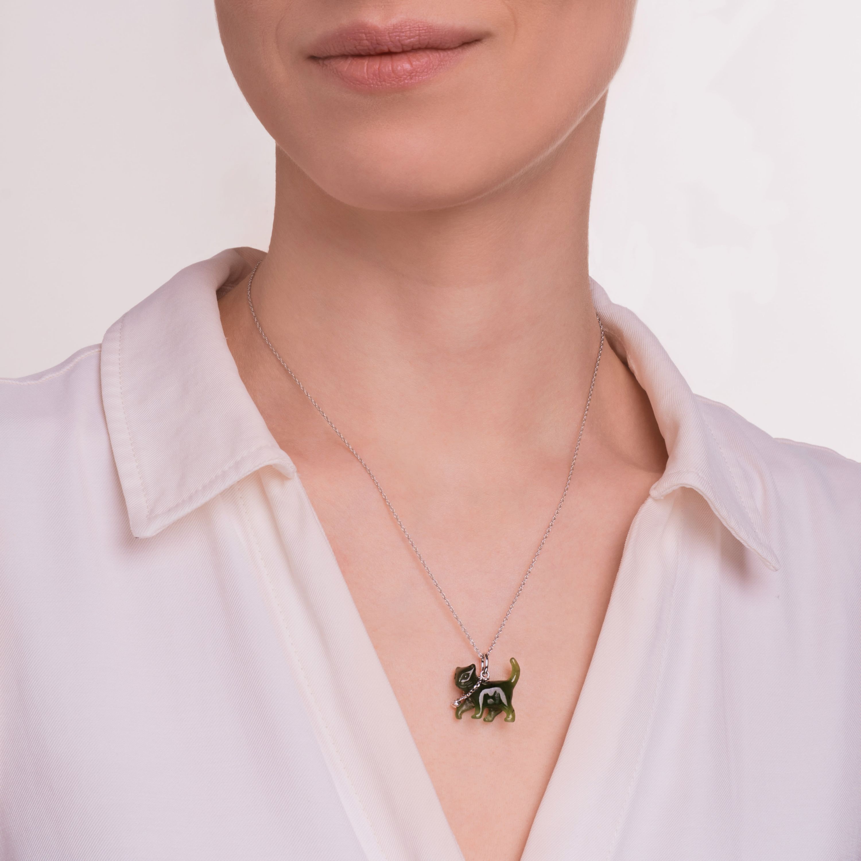 Genuine Nephrite Jade and Created White Sapphire Cat Pendant in Rhodium-plated Sterling Silver