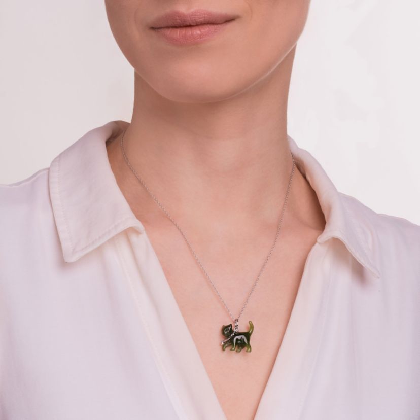 Genuine Nephrite Jade and Created White Sapphire Cat Pendant in Rhodium-plated Sterling Silver