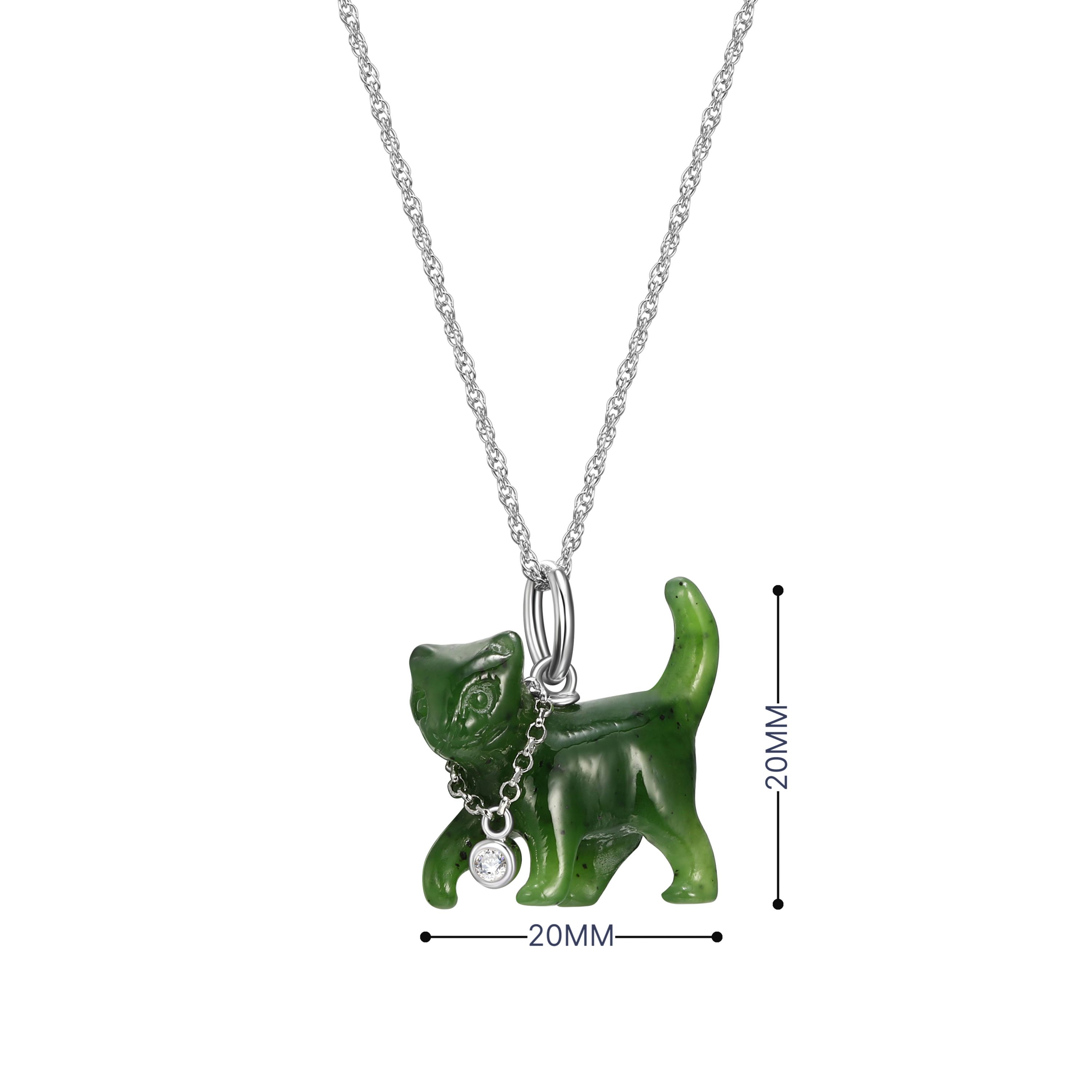 Genuine Nephrite Jade and Created White Sapphire Cat Pendant in Rhodium-plated Sterling Silver