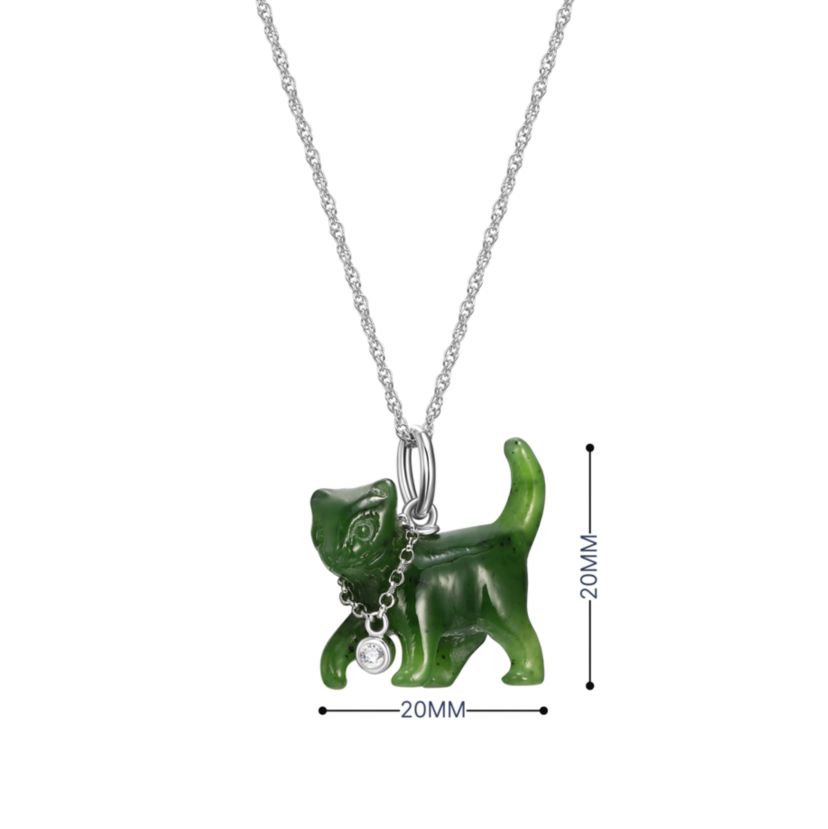 Genuine Nephrite Jade and Created White Sapphire Cat Pendant in Rhodium-plated Sterling Silver