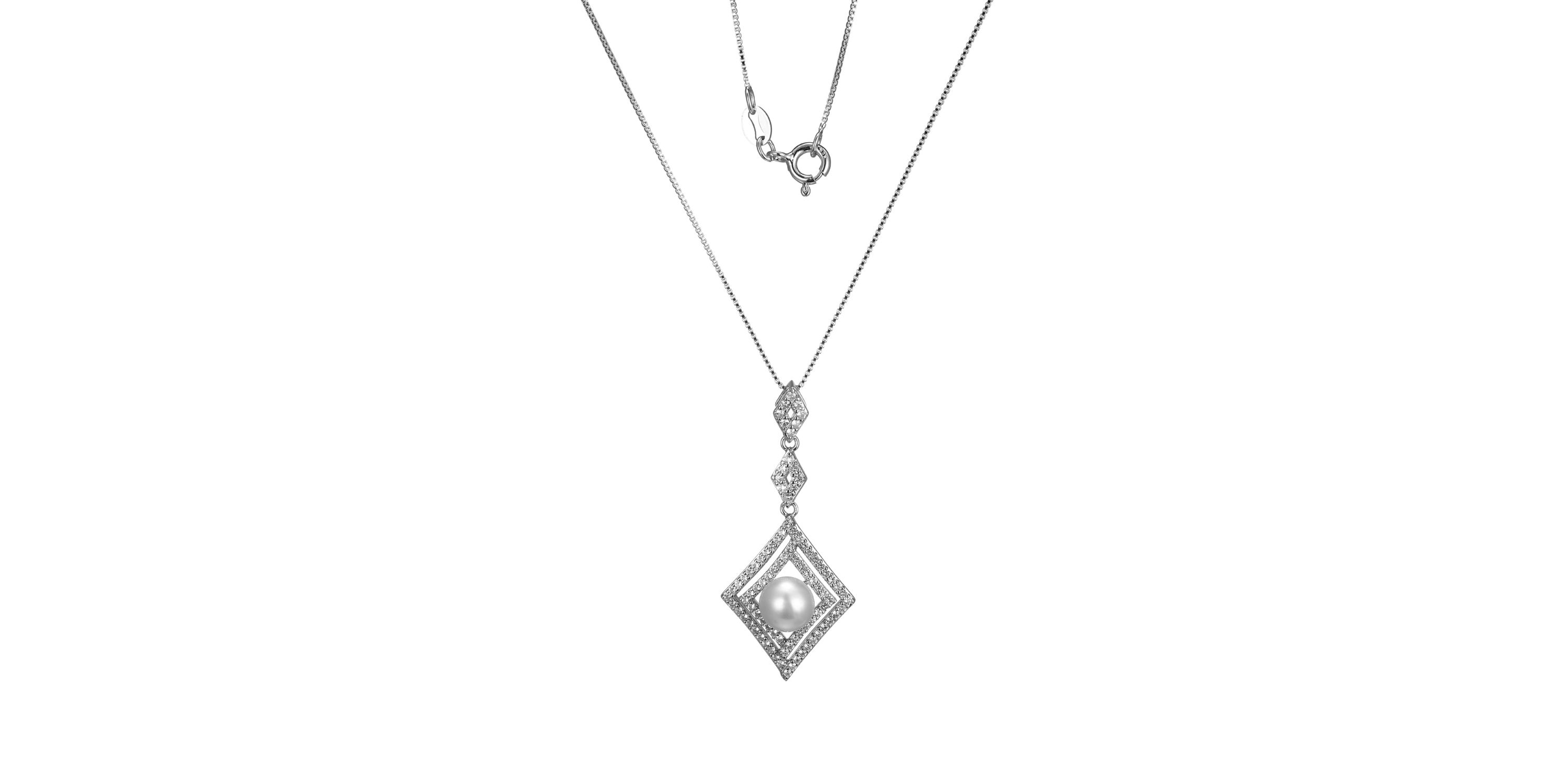 White Sapphire and Pearl Necklace in Rhodium Over Sterling Silver