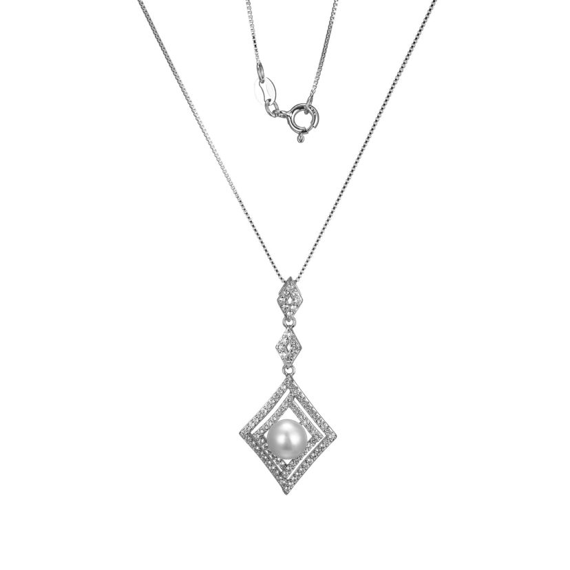 White Sapphire and Pearl Necklace in Rhodium Over Sterling Silver