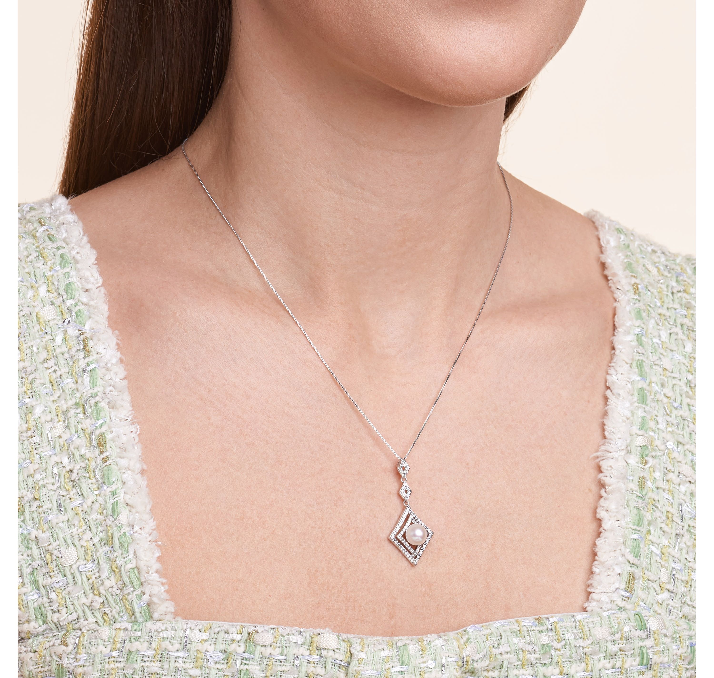 White Sapphire and Pearl Necklace in Rhodium Over Sterling Silver