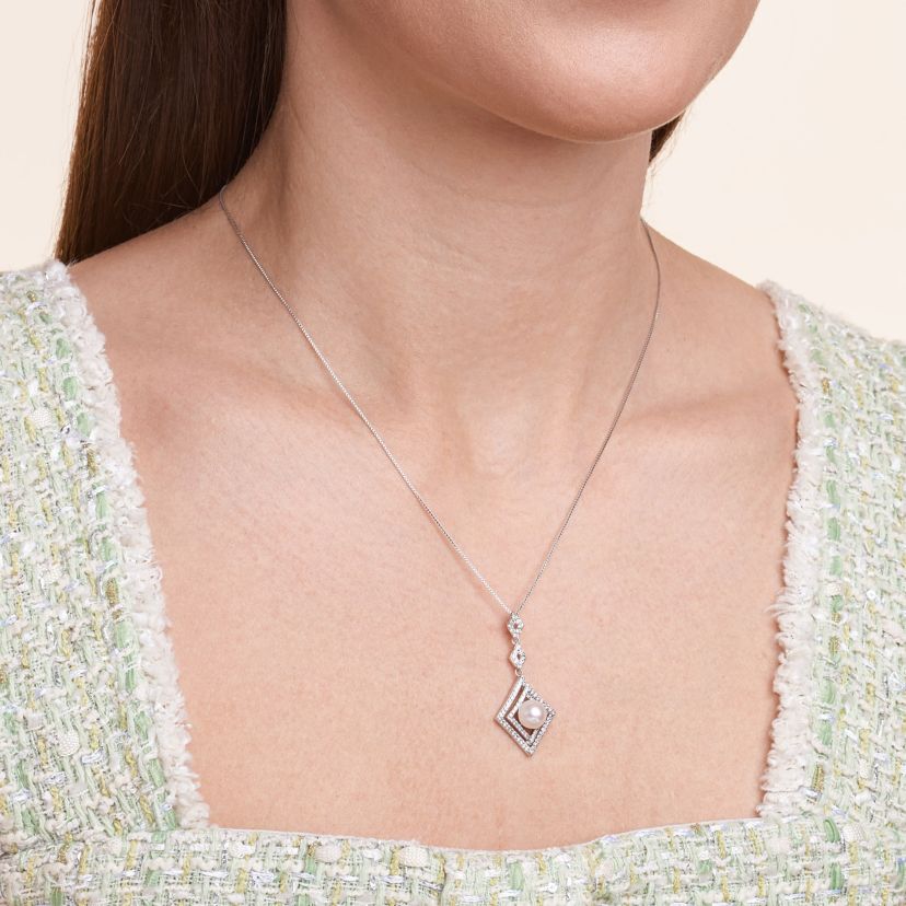 White Sapphire and Pearl Necklace in Rhodium Over Sterling Silver