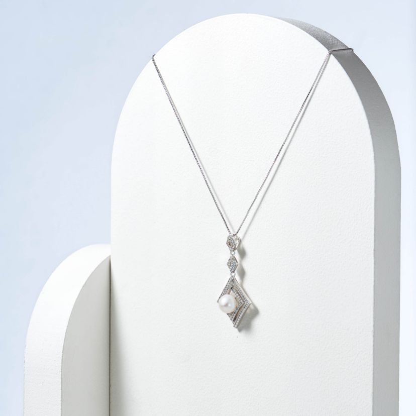 White Sapphire and Pearl Necklace in Rhodium Over Sterling Silver