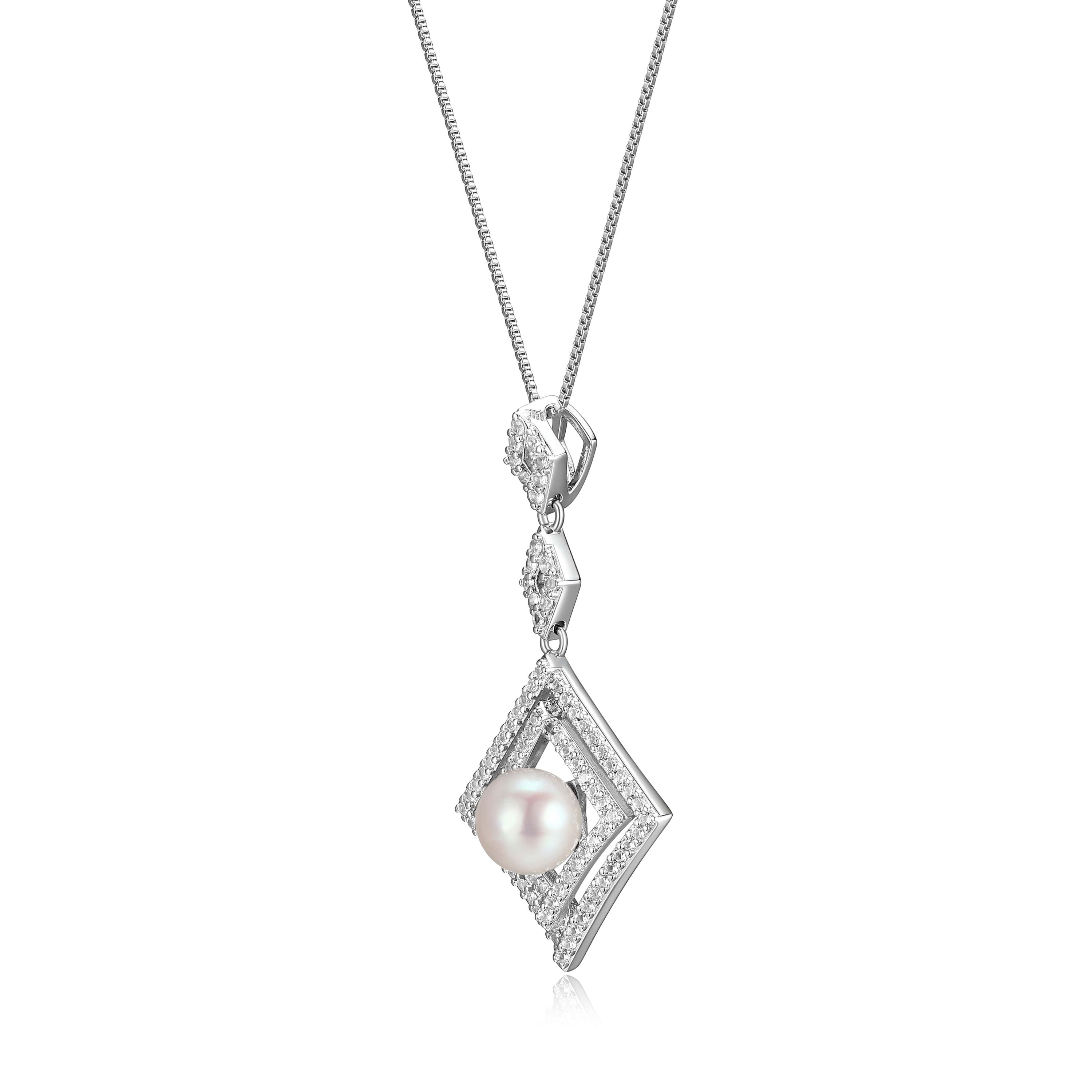 White Sapphire and Pearl Necklace in Rhodium Over Sterling Silver