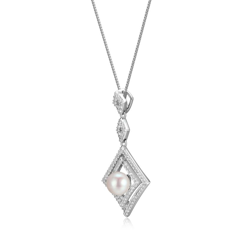 White Sapphire and Pearl Necklace in Rhodium Over Sterling Silver