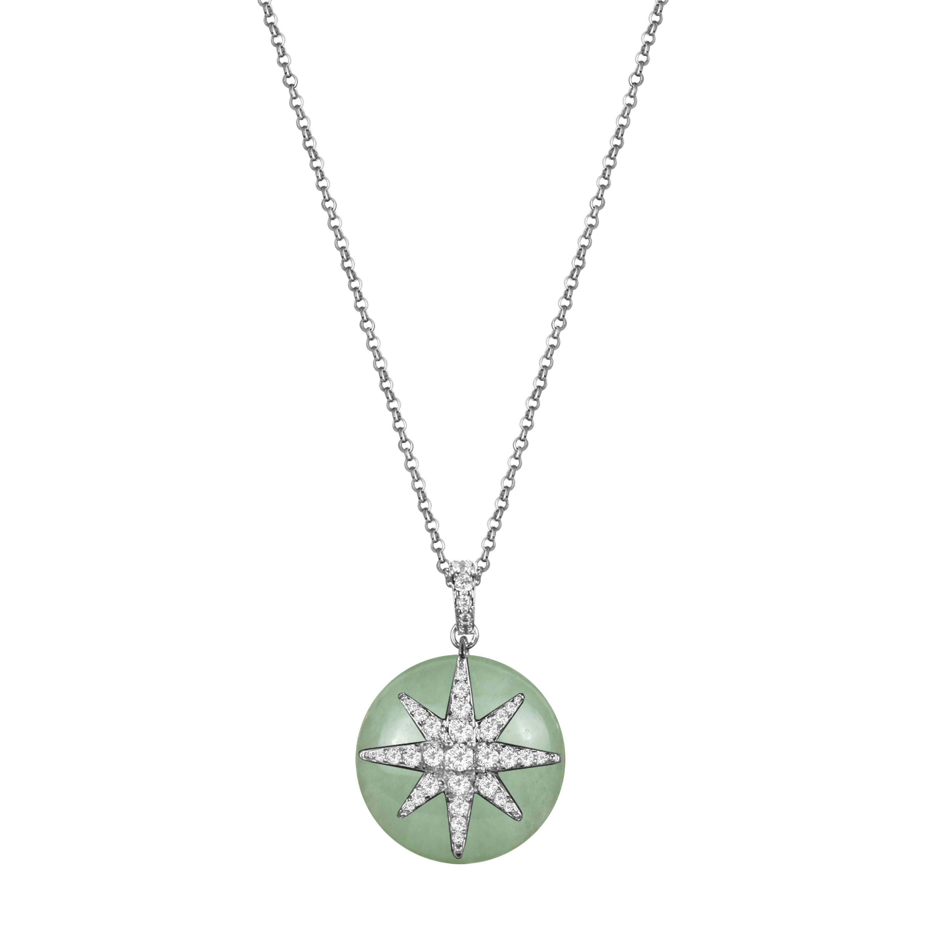 Rhodium Plated Sterling Silver Genuine Jade Disc and Cubic Zirconia North Star Pendant Necklace